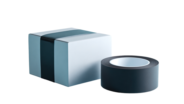 A light-gray box with a dark-gray band, next to a black tape roll.  3D render