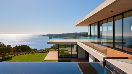 Fototapeta premium A breathtaking modern villa nestled on the tranquil shores of a serene ocean, featuring expansive floor-to-ceiling glass windows. Ocean view or sea view villa modern seaside architecture