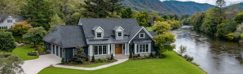 aerial view of a beautiful home in a west virginia lake community, surrounded by other homes
