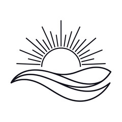 Minimalist black line art sun rising over wavy lines representing water or land sunrise sunset