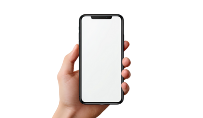 Hand holding a black smartphone with a blank white screen (2)