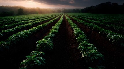 Lush green crops thrive in organized rows across a fertile farm field under a dramatic golden hour sky signifying agricultural abundance