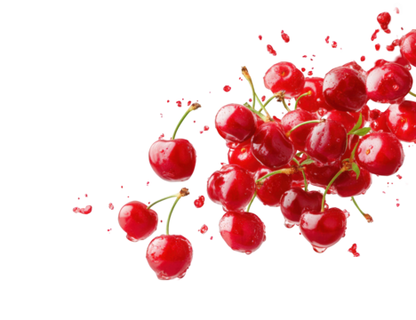 Fresh cherries in motion against black background - Powered by Adobe