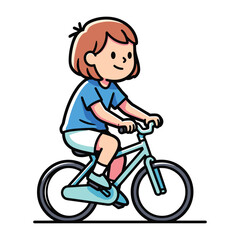 Cartoon child with brown hair wearing a blue t shirt and white shorts riding a light blue bicycle girl