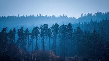 Winter woods with blue mist and snow, perfect for calendar imagery or environmental awareness.