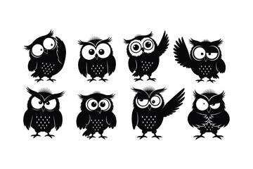 Eight black cartoon owls with big eyes and varied expressions white background