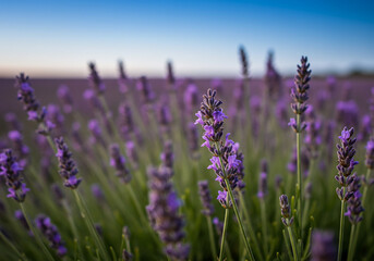 Obraz premium Close-up of lavender flowers in a field, with a soft focus and a gradient sky in the background at dusk.