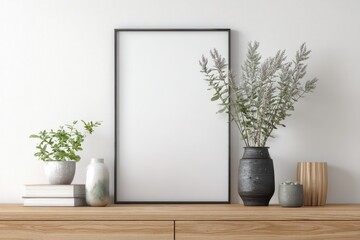 Stylish Horizontal Frame Display for Art in Modern Interior with Plants on White Wall