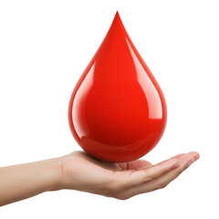 Obraz premium Hand gently holds a big red blood drop symbol, highlighting World Blood Donor Day, healthcare awareness, and humanity in saving lives. Isolated on white or transparent background. PNG format.