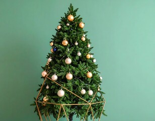 Christmas tree with colorful ornaments on a mint green wall