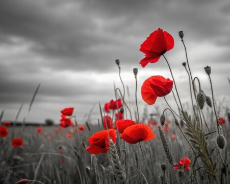 Vibrant red poppies bloom in a selective color field against a dramatic cloudy sky