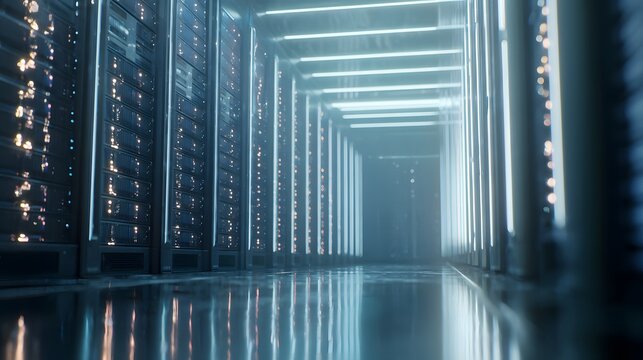Modern Data Center View of Rows of Network Servers with LED Lights