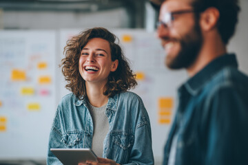 Two business partners having a casual meeting in a bright co-working space, whiteboards in background, one is presenting on a tablet, collaboration, natural laughter, documentary style