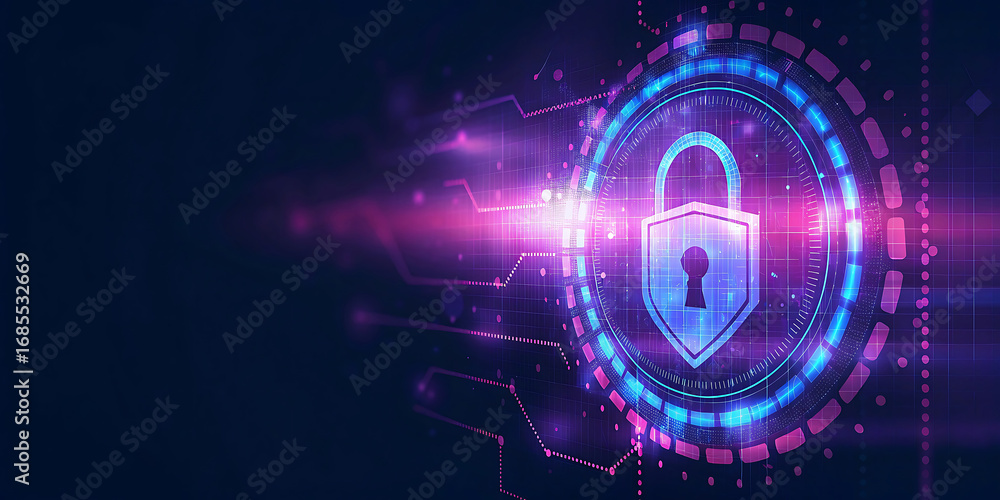 Aufkleber futuristic cyber security shield with digital lock and neon tech glow