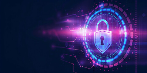 Futuristic Cyber Security Shield with Digital Lock and Neon Tech Glow