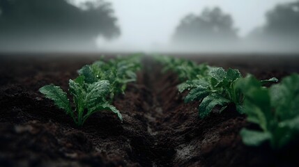 Young green seedlings emerge in neat rows across a fertile field on a misty calm morning promising fresh growth