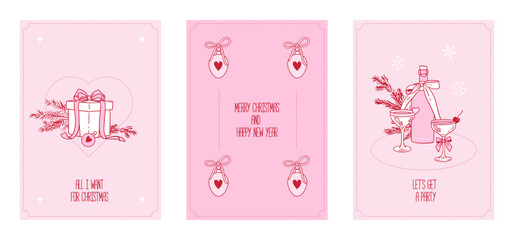 Hand drawn la dolce vita Christmas party invitations set. Vector illustration cards with bows, gift box and cocktails. Minimalist winter line art for stationery, printables, social media.