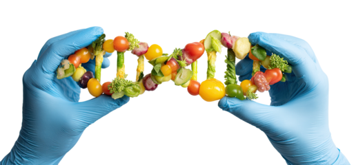 A double helix of assorted fruits and vegetables held by gloved hands.  A colorful representation of DNA composed of diverse produce