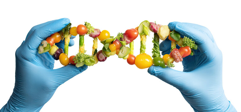A double helix of assorted fruits and vegetables held by gloved hands.  A colorful representation of DNA composed of diverse produce