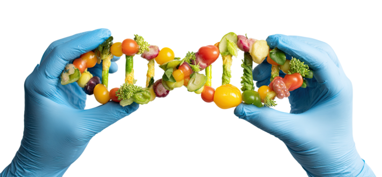 A double helix of assorted fruits and vegetables held by gloved hands. A colorful representation of DNA composed of diverse produce