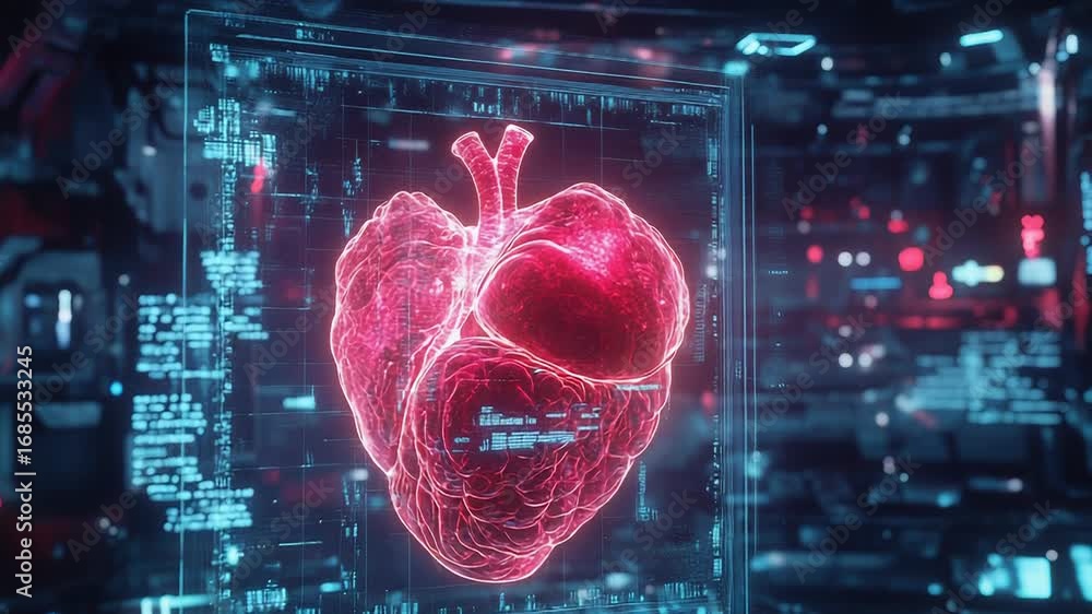 Poster futuristic interface displaying rotating anatomical 3d heart model