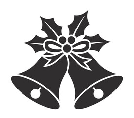 Black Silhouette of Christmas Bells with Holly and Ribbons Vector