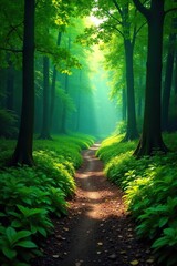 Obraz premium A winding, uphill path through a lush forest symbolizes the long and sometimes challenging journey of patience, persistence, and self-improvement , journey, willpower, road