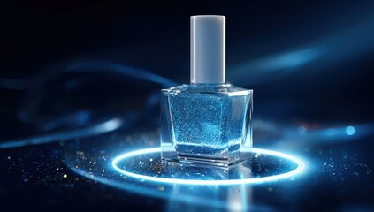 Vibrant photo of nail polish bottle, diamond-shaped with a white cap, illuminated by a blue light ring on a dark background. a glittering cosmetic product in a futuristic.