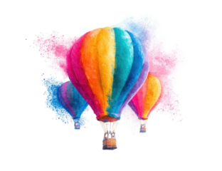 Colorful hot air balloons floating in abstract cloud formations