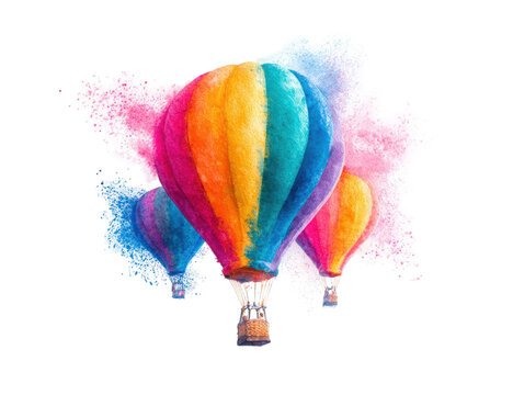 Colorful hot air balloons floating in abstract cloud formations