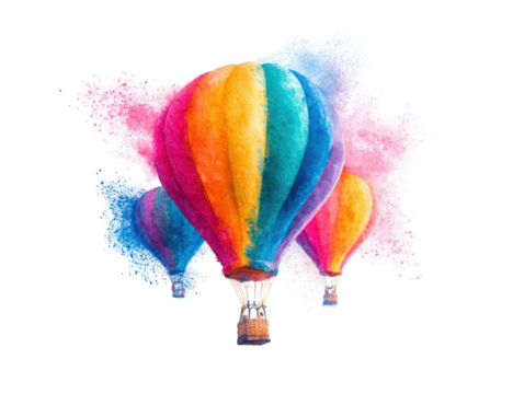 Colorful hot air balloons floating in abstract cloud formations