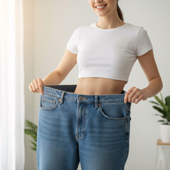 A woman filled with satisfaction after exercising, showing her loose jeans a symbol of healthy dieting and body transformation.