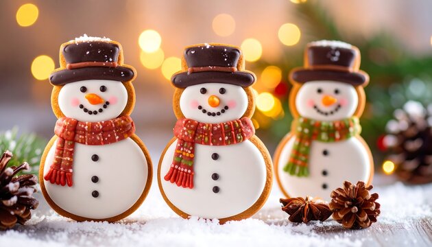 Festive gingerbread snowman cookies on a snowy surface, adorned with icing details and surrounded by holiday lights
