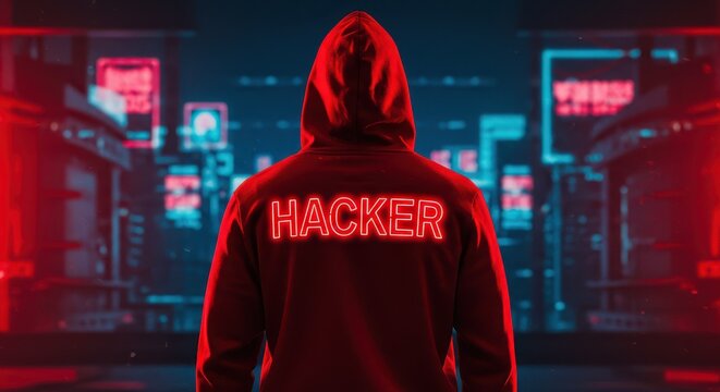 Digital Enigma: A hooded figure stands defiant against a vibrant, neon-lit cityscape, the word HACKER emblazoned on the back, a symbol of mystery and cyber prowess.