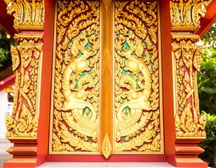 Ornate, golden, red Thai temple panel with intricate carvings of mythical creatures