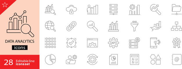 Data Analytics icons set. Includes icons for charts, graphs, data points, reports, dashboard, pie chart, statistics, trend line, magnifying glass, and algorithm. Perfect for infographics.