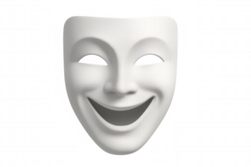 Smiling white comedy theatre mask symbolizing happiness, joy, positive emotions, isolated on transparent background