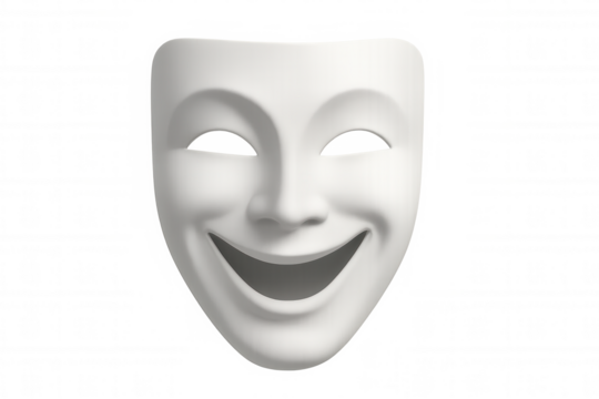 Smiling white comedy theatre mask symbolizing happiness, joy, positive emotions, isolated on transparent background