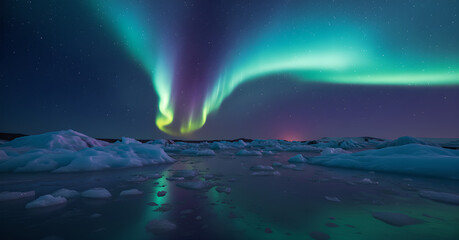 Naklejka premium Vibrant Aurora Borealis over Glacial Ice Lagoon at Night, Reflecting Northern Lights