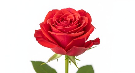 Vibrant Red Rose in Full Bloom with Lush Green Leaves on a Clean White Background – Classic Symbol of Love, Passion, and Beauty Captured in Detailed Floral Photography