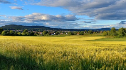 A vast open field of tall grass stretches towards a distant town under a blue sky dotted with fluffy white clouds.