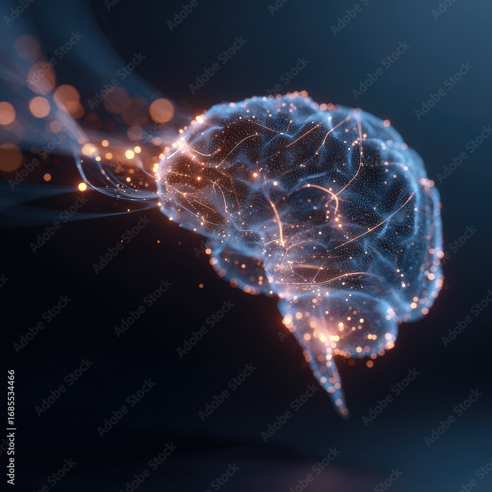 Poster translucent brain with glowing orange dots lines against a dark background