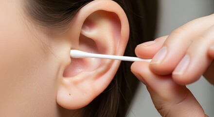 Close up of a person cleaning their ear with a cotton swab for hygiene and personal care routine