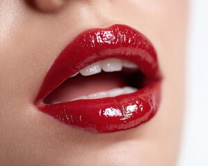 Fototapeta premium Alluring Young Woman with Vibrant Makeup Gently Biting Her Lip Against a Crisp White Canvas