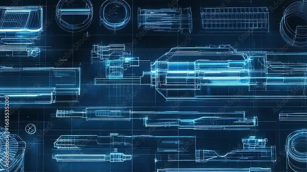 Poster futuristic glowing blueprints showing mechanical parts exploded view