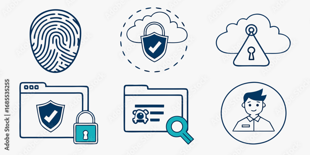 Poster collection of cybersecurity and data protection icons including fingerprint cloud security file lock