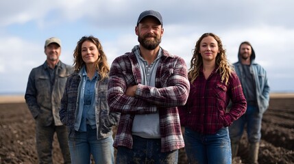 A diverse group of proud farmers stands confidently in a tilled field under a cloudy sky representing agricultural dedication