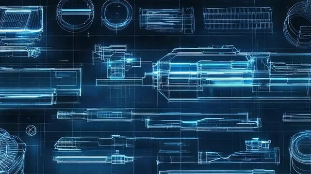 Futuristic glowing blueprints showing mechanical parts exploded view