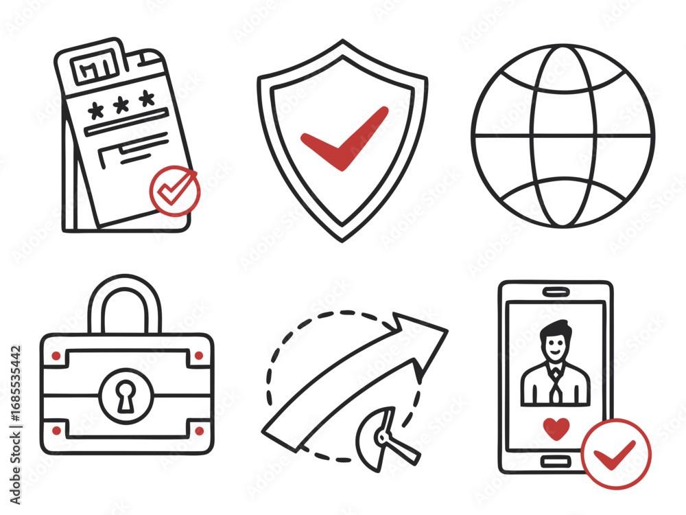 Poster collection of flat design icons representing security travel and online services with checkmarks