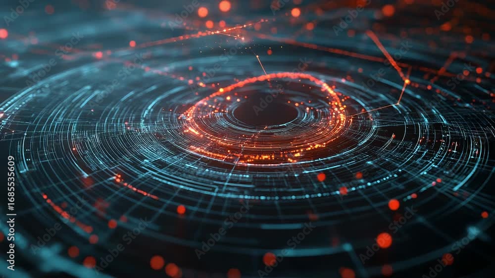 Poster futuristic red and blue circular technology interface rotating on dark background